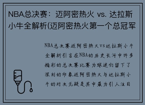 NBA总决赛：迈阿密热火 vs. 达拉斯小牛全解析(迈阿密热火第一个总冠军)