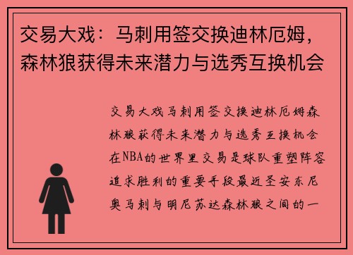 交易大戏：马刺用签交换迪林厄姆，森林狼获得未来潜力与选秀互换机会