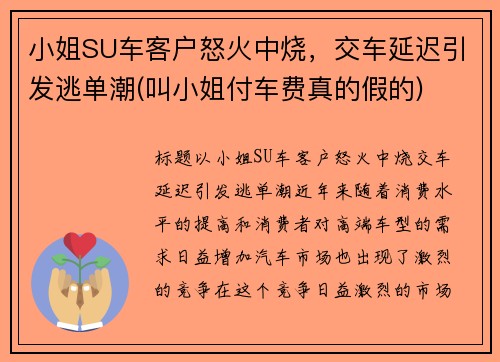 小姐SU车客户怒火中烧，交车延迟引发逃单潮(叫小姐付车费真的假的)