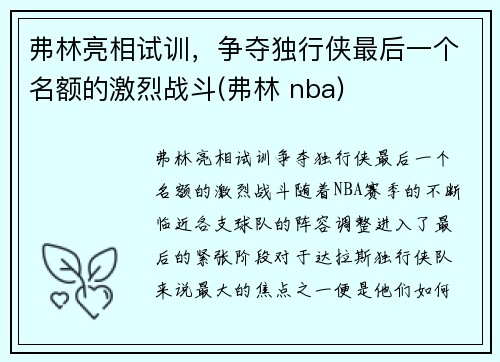 弗林亮相试训，争夺独行侠最后一个名额的激烈战斗(弗林 nba)