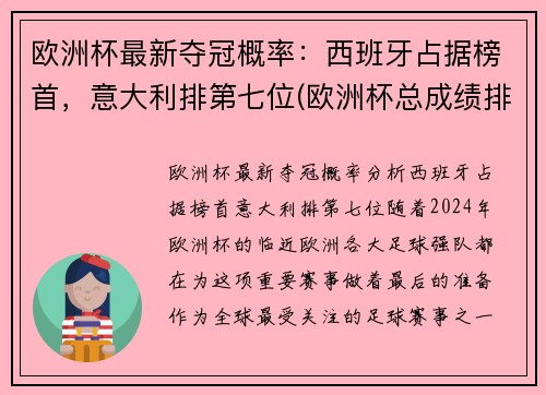 欧洲杯最新夺冠概率：西班牙占据榜首，意大利排第七位(欧洲杯总成绩排名)