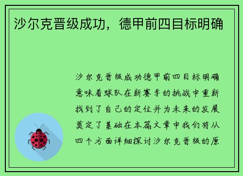 沙尔克晋级成功，德甲前四目标明确