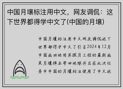 中国月壤标注用中文，网友调侃：这下世界都得学中文了(中国的月壤)