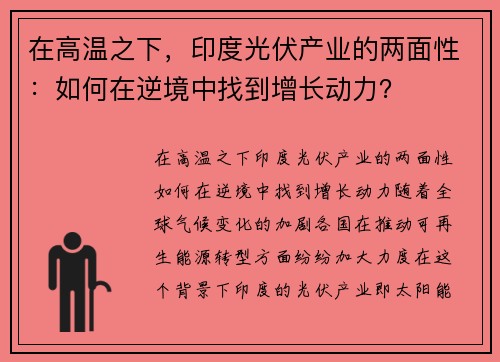 在高温之下，印度光伏产业的两面性：如何在逆境中找到增长动力？