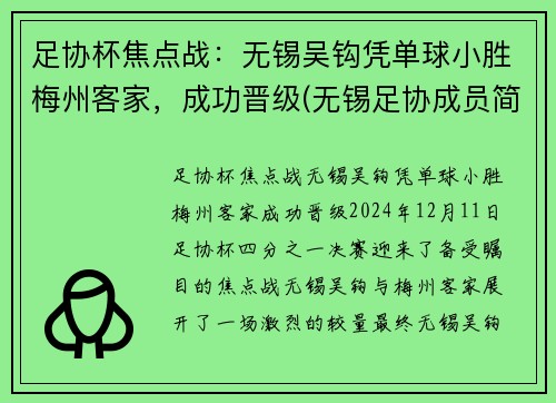 足协杯焦点战：无锡吴钩凭单球小胜梅州客家，成功晋级(无锡足协成员简介)