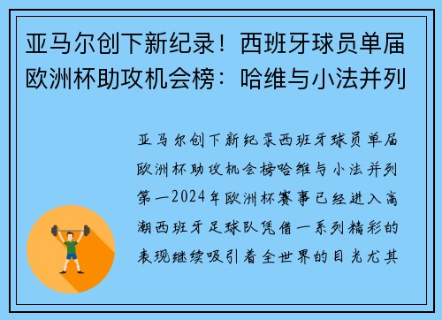 亚马尔创下新纪录！西班牙球员单届欧洲杯助攻机会榜：哈维与小法并列第一